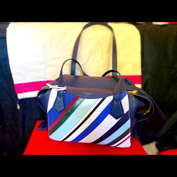Tory Burch Blue Perry Balloon Stripe Satchel - Picture 6 of 7